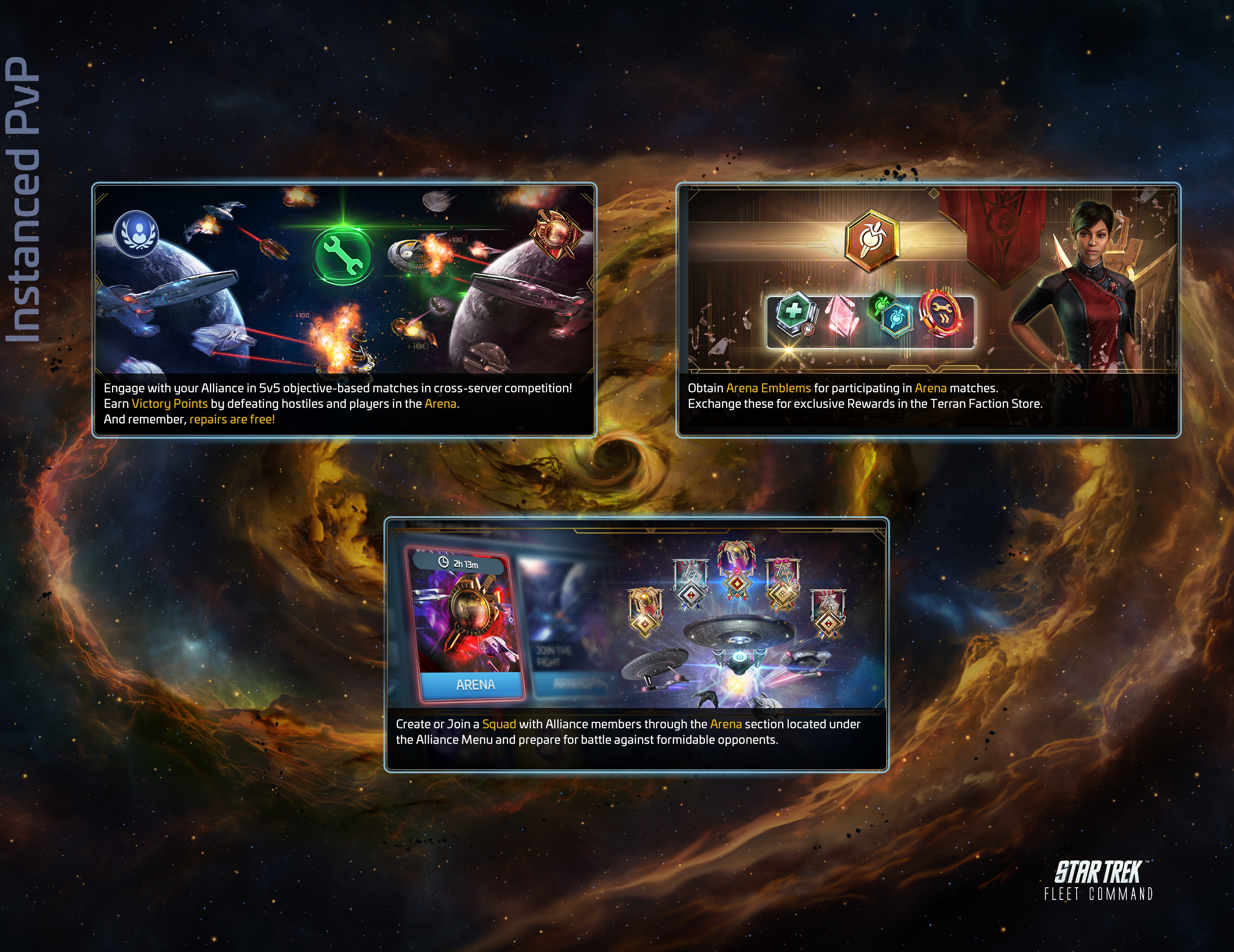 Arena: alliance squads fight for Victory Points against hostiles, other players, and Armada targets.
