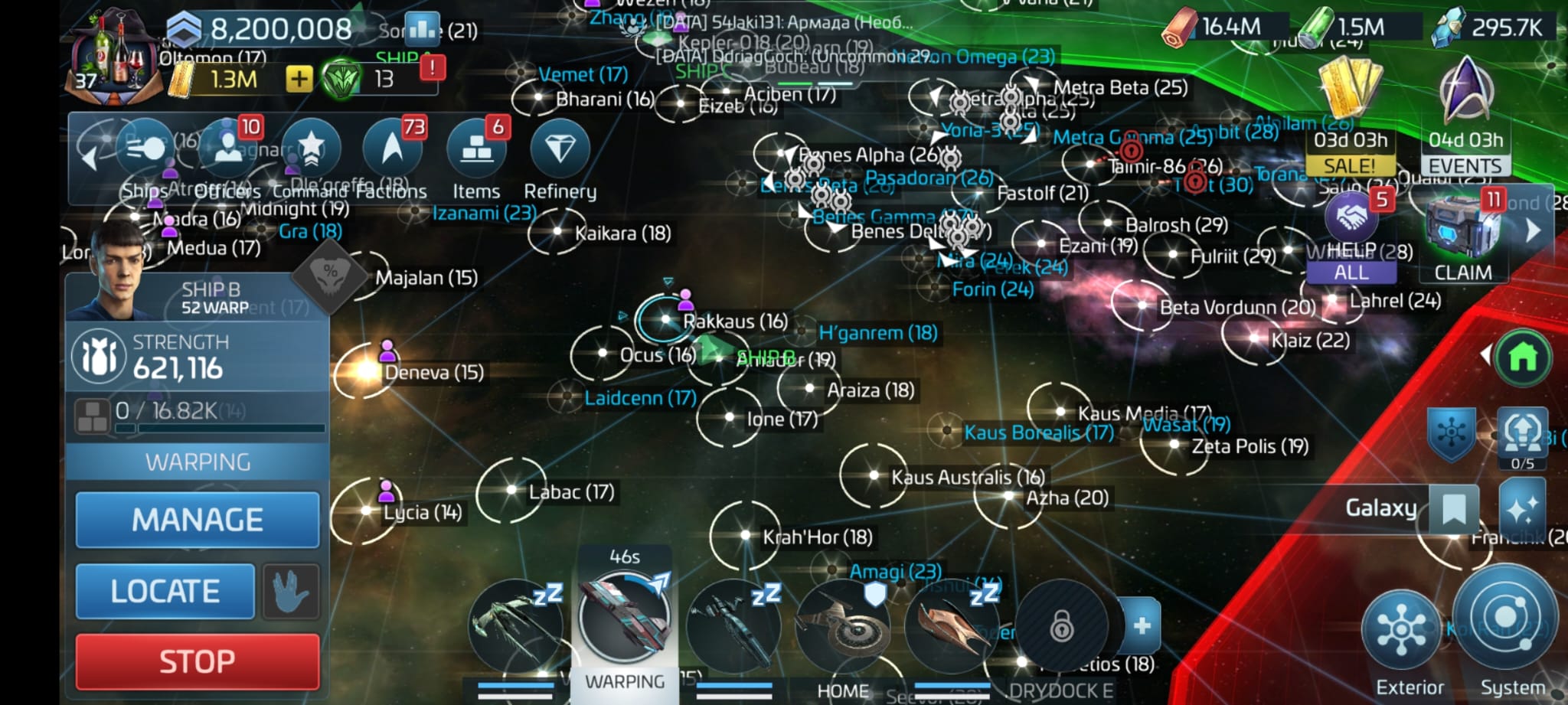 A ship mid-warp, with the Manage / Locate / Stop controls used to cancel it.