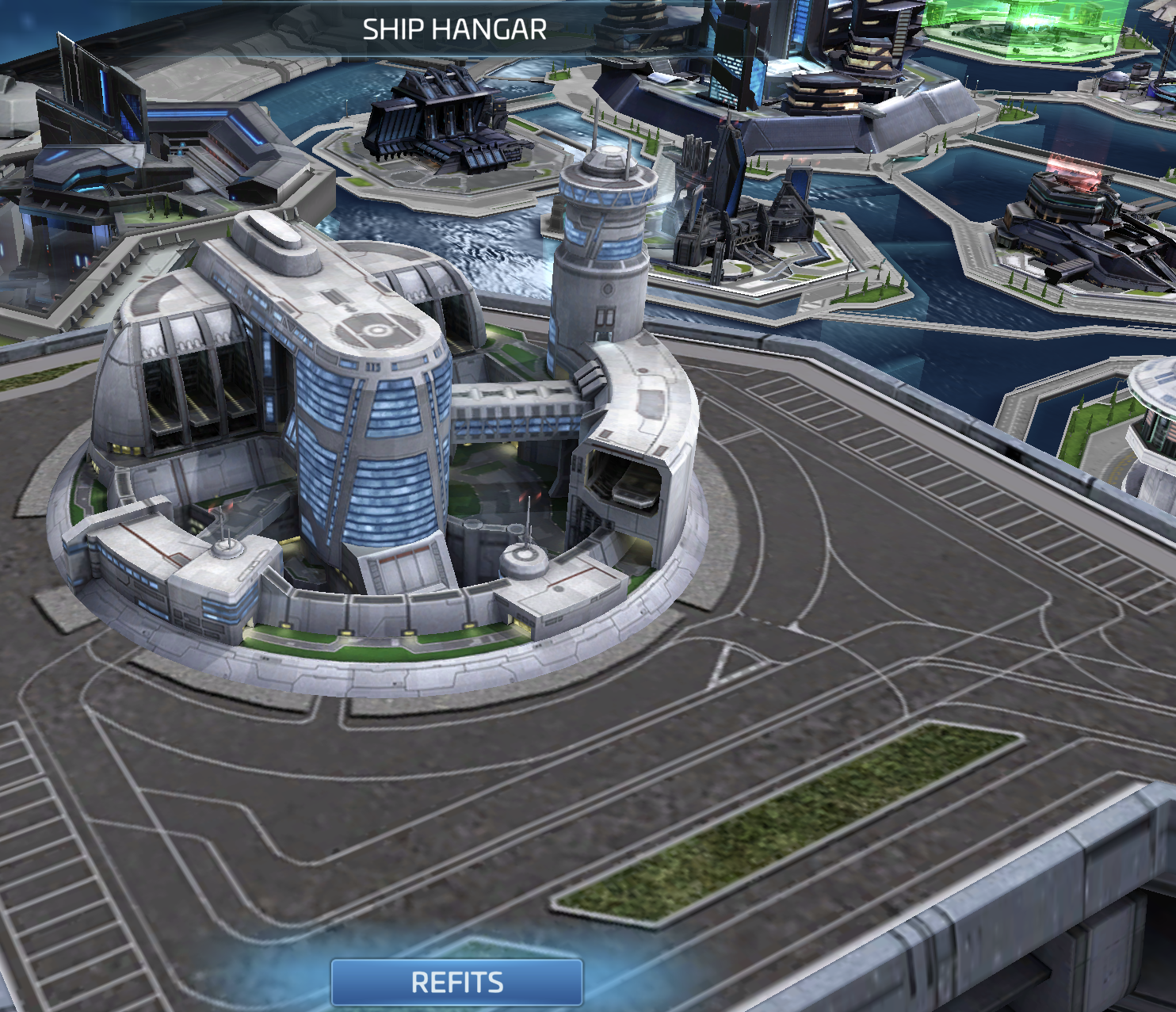 The Ship Hangar screen, with the REFITS button along the bottom.