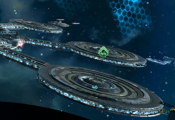 Drydocks in orbit — each one holds a single ship, with the drydock's own level shown as the badge on the ring.