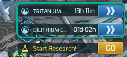 Two research queues running side by side, each with its own speed-up controls.