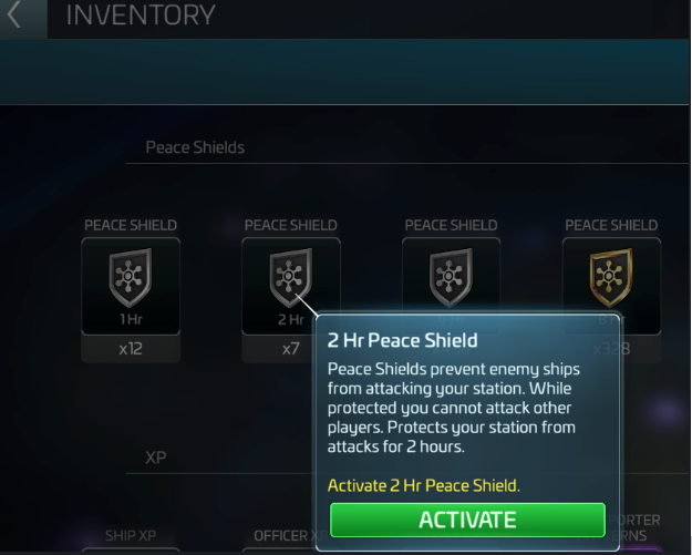 Activating a Peace Shield from Inventory -- the confirmation is explicit that you can't attack other players while it's up.